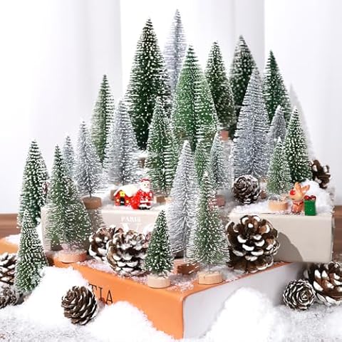 Set of 35PCS Mini Christmas Tree, Christmas Pine Cones, 2oz Fake Snow Powder, Mixed Christmas Decoration, Xmas Village Displays Winter DIY Crafts (Classic Green) Cover