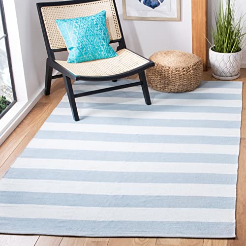 SAFAVIEH Montauk Collection Area Rug - 9' x 12', Sky Blue & Ivory, Handmade Flat Weave Boho Farmhouse Stripe Cotton, Ideal for High Traffic Areas in Living Room, Bedroom (MTK712K)