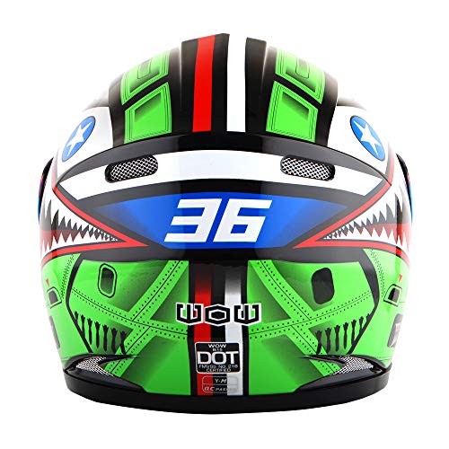 WOW Motorcycle Full Face Helmet Street Bike BMX MX Youth Kids Shark Green; Size M (19.7/20.3 Inch)