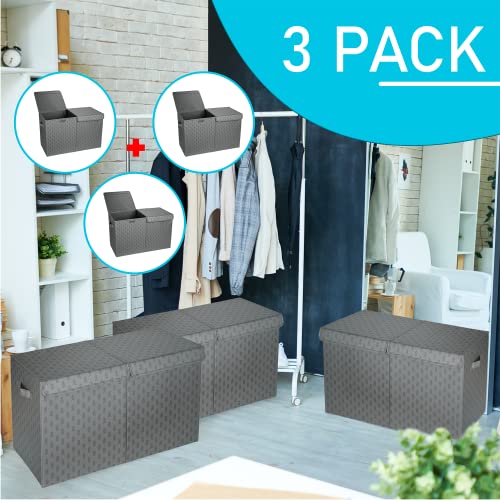 Toy Storage (3Pc) Large - Collapsible Chest Bins W/Lids | Premium Polyester Linen Fabric - Foldable Box Organizer Closet Trunk Container Basket W/Cover For Boys Girls Home Bedroom Office Nursery(Gray) #TOP1