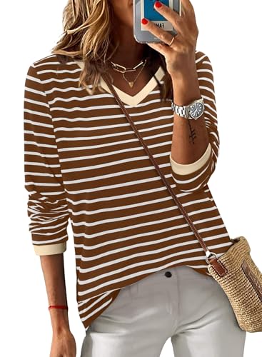 ONLYSHE Women's Casual Striped Long Sleeve Tops Crew Neck Knit Basic Loose Fit T Shirts Fall Fashion Tunic Outfits