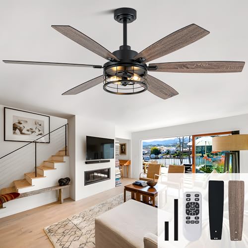 Image of 60 Inch Farmhouse Ceiling Fan with Lights and Remote Large Rustic Ceiling Fan Caged Fandelier Chandelier, 6 Dual Blades Reversible Quiet DC Motor 3CCT 6 Speed for Living Room Indoor Outdoor
