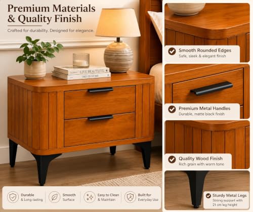 Image of Solid Sheesham Wood Bedside Table for Bedroom & Livingroom | Nightstand End Table with 2 Drawers Storage for Home | Modern & Luxury Design| (Honey Finish)