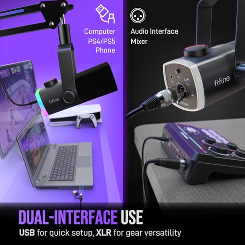 Image of FIFINE Gaming Microphone Kit, XLR /USB Dynamic PC Microphone with Boom Arm for Podcast Recording, RGB Streaming Mic Set with Software, Tap-to-Mute, Mix Control, Headphone Jack-AmpliGame AM8PROT