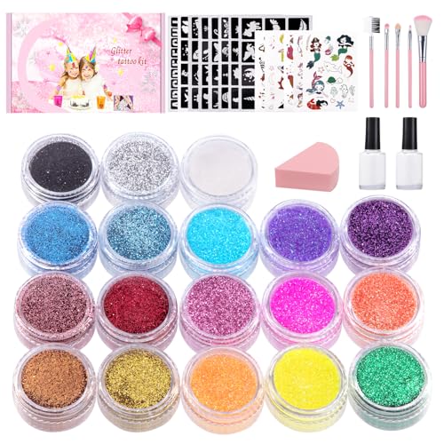 Kit tatouage scintillant Enfants Filles Tatouages scintillants 18 couleurs poudre scintillante 115 pochoirs 2 adhésifs 5 pinceaux Tatouages étanches Cadeau pour Anniversaire Halloween Pâques Noël