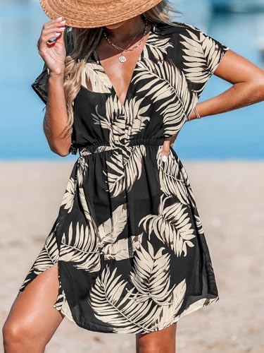 Image of CUPSHE Women's Swimsuit Coverup Casual V Neck Beach Dress Short Sleeve Elastic Waist Swimwear Cover Ups 2026 Beachwear