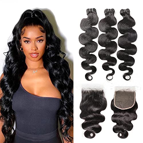 Glowig 10A Body Wave Bundles with Closure (14 16 18+12) 100% Human Hair Bundles with Closure Brazilian Virgin Body Wave Human Hair Weave Bundles with 4x4 Lace Closure Free Part (14 16 18+12 closure)