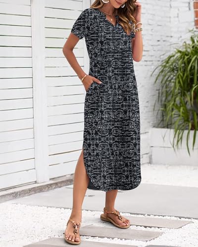 Image of MISFAY Women's Summer Maxi Dress 2026 Casual Short Sleeves V Neck Loose Sundress Split Long Beach T Shirt Dress