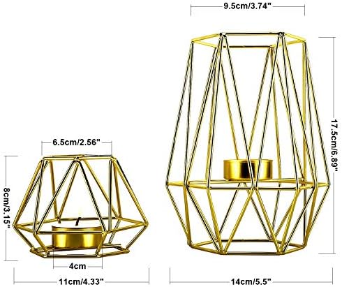 Homtone 2 Pcs Metal Hexagon Tealight Candle Holders, Gold Geometric Hollow Tea Light Laterns Holders, Adorable Romantic Ornament for Home Decor, Wedding, Party, Events, Halloween, Christmas (8cm+17cm)