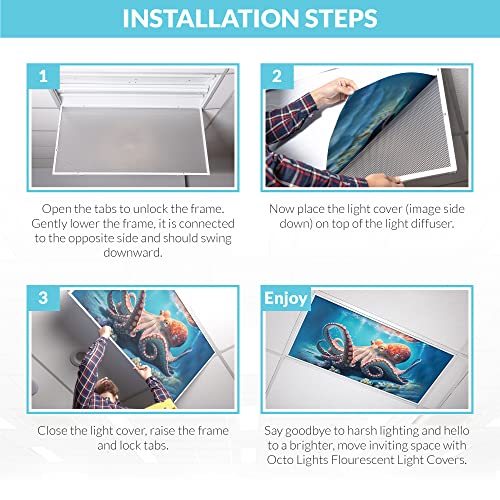 Image of Fluorescent Light Cover for Classroom Ceiling Lights - Premium Backlit Film Insert 2x4 (22.38 inchx46.5 inch) Florescent Fixture (Pack of 1) School, Office, Sensory, Improve Focus, Eliminate Headache, Octopus