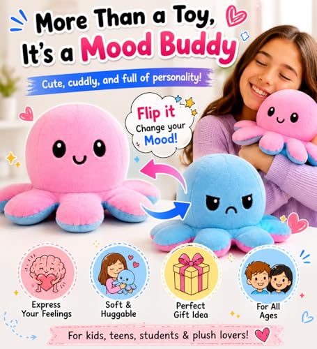 Image of Reversible Octopus Plush Toy 18 cm | Flip Mood Soft Toy | Double-Sided Happy & Angry Expression | Super Soft Stuffed Animal Plushie | Cute Kids Gift, Stress Relief Toy, Home Decor (Pink /Blue)