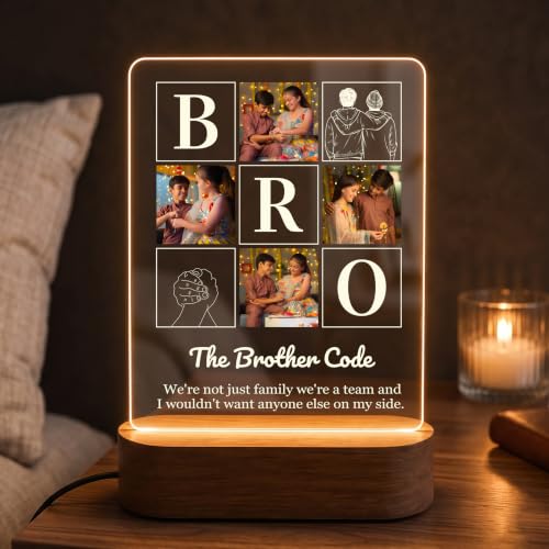Image of Giftplease Personalized Brother Photo Night Light - Custom Acrylic Night Lamp with Wooden Base, Engraved Plaque, Unique Birthday, Rakhi Gifts for Brother, Brother in Law, Bhai, Room Decor Aesthetic