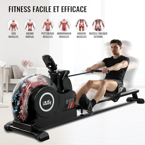 ISE Rameur Pliable à Eau Fitness, Rameur Eau Musculation Appartement Fitness Domicile, Pompe Electrique Multi-Résistance, Écran LED, Rameurs Cardio-Training, Rail Lisse&Solide, Water Rowing Machine – Image 3