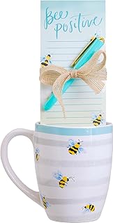 Eccolo Coffee Mug with Notepad and Pen Gift Set, “Bee Positive”, Stoneware Mug with Handles, 20 Oz, Set Includes 3x9 inches Memo Pad with 75 Lined Pages, Medium Point Pen