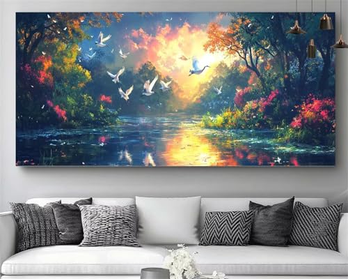 Diamond Painting Lac Coucher de Soleil 80x240cm DIY Cristal Point de Croix