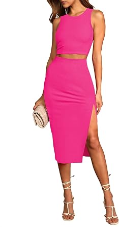 HUUSA 2 Piece Dress for Women Sexy Sleeveless Slim Bodycon Split Midi Dresses Casual Crewneck Tank Tops High Waist Skirt Sets