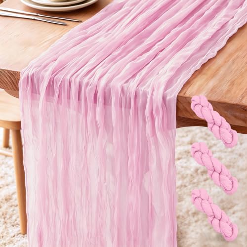 3 Stück Käsetuch Tischläufer Hellrosa, 300 x 90 cm Boho Gaze Tischläufer Cheesecloth Läufer für Hochzeit, Geburtstagsfeiern… – Ansicht 1