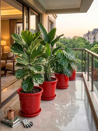 Image of 12 Inch Glossy Red Plastic Planter with Bottom Plate | Heavy Duty Flower Pot with Tray for Indoor Home Decor, Balcony, Living Room & Outdoor Garden (4 Pot, Red)