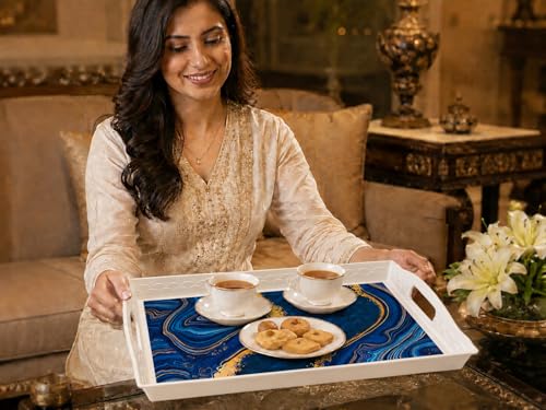 Image of KITCHIVO 3 Pcs Plastic Serving Tray Set with Handle | Multipurpose Tea Snacks Breakfast Tray | Floral Printed Rectangular Serving Trays for Kitchen & Home (Ivory Blue Marble)
