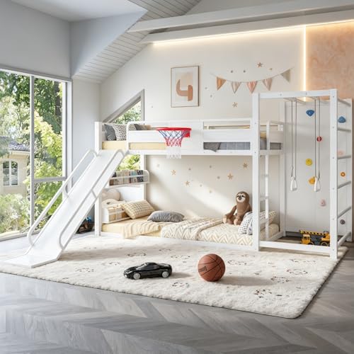 Image of Bellemave Bunk Bed Twin Over Twin with Slide, Basketball Hoop & Climbing Wall, Heavy Duty Metal Twin Bunk Beds for Kids with Guardrails, Low Bunk Bed for Bedrooms, No Box Spring Needed, White