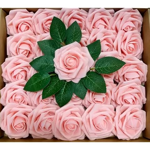 JUPOZOP Artificial Flowers, 50pcs Red Fake Flowers with Stems Simulated Artificial for Decoration DIY Decoration Wedding Party Flower Arrangement Wedding Bouquet (Blush, 50PCS) Cover