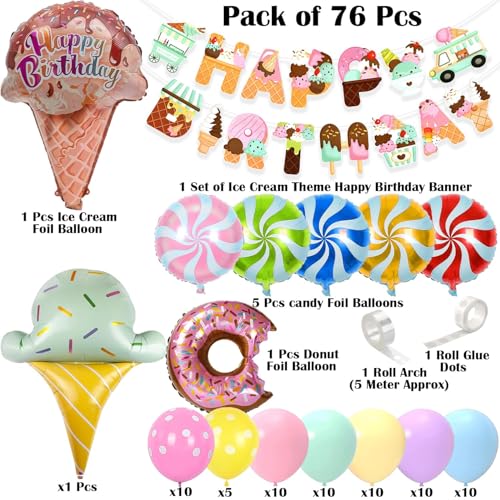 Image of Rozi Decoration Ice Cream Theme Birthday Decoration Kit with Foil Balloons, Candy Balloons, Ice Cream Birthday Theme Decorations, Donut Bday Party Decor (Pack of 76 Pieces)