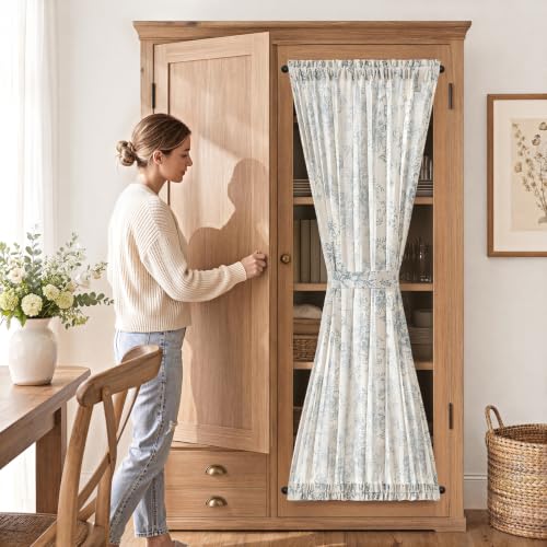 Image of jinchan Alice Floral French Door Curtain Farmhouse Linen for Sliding Glass Door 72 Inches 1 Panel with Tieback Light Filtering Curtain for Window Patio Rod Pocket Blue on Linen