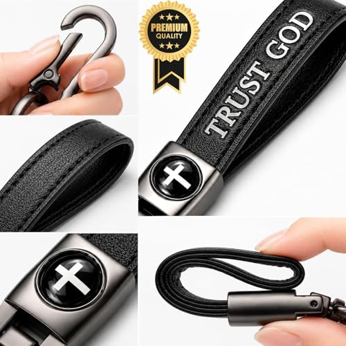 Image of Christian Cross Leather Keychain for Men - Christian Gift for Dad Husband Son