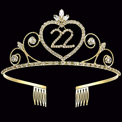 Coucoland 22nd Crystal Birthday Crown Tiara 22nd Rhinestone Princess Birthday Crown Headband Gold 22nd Happy Birthday Party Crown Tiara