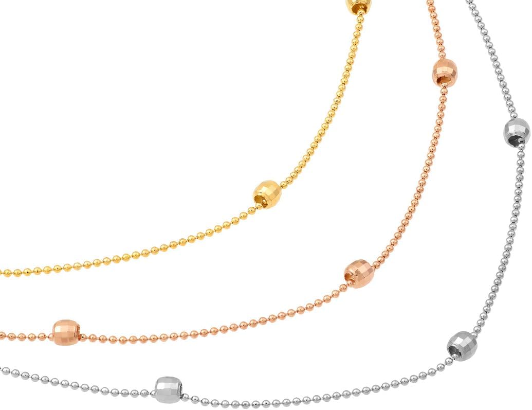 JewelryWeb 14k Yellow White and Rose Gold Tricolor Bib Necklace With Sparkle-Cut Beads 17 Inch Pendant Necklace for Women