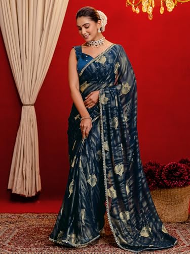 Image of SIRIL Women's Georgette Foil Printed Saree with Unstitched Blouse Piece