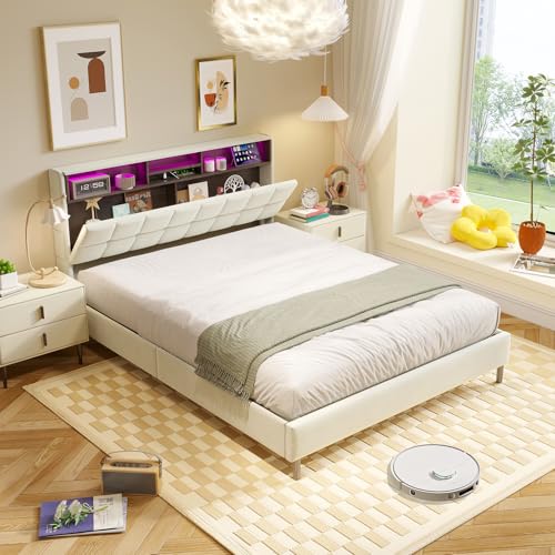 YubNct Cama de Matrimonio 140x200 cm con Luces LED y USB, Cama Tapizada con Cabecero Moderno y Somier de Láminas, Estructura de Cama Doble con Puerto Type-C, Beige (Sin Almacenaje)