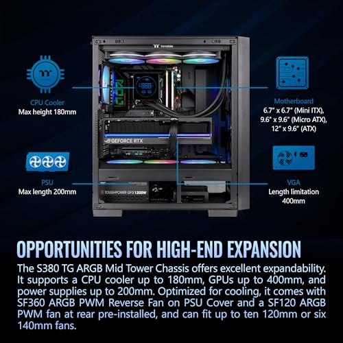 Image of Thermaltake S380 TG ARGB; Mid Tower Chassis; 1x120mm SF120 ARGB & 1x360mm SF360 ARGB PWM Fans Included; 360mm Radiator Support; 400mm GPU Clearance; Hidden Connector Support; Black; CA-11K-00M1WN-00