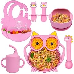 Pink owl plate,bowl,cup,spoonfork,bib set