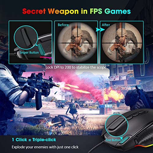 PICTEK RGB Gaming Mouse, Wired Mouse Gaming with Weight Tuning Set in the Mouse with 12000 DPI, Fire & Sniper Button, 10 Programmable Buttons