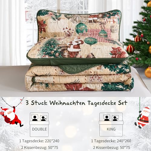 WONGS BEDDING Tagesdecke 220x240 Weihnachts Bettüberwurf Steppdecke Doppelbett Gesteppt Mikrofaser 3 Teilig Weihnachts Tagesdecken mit 2… – Ansicht 8