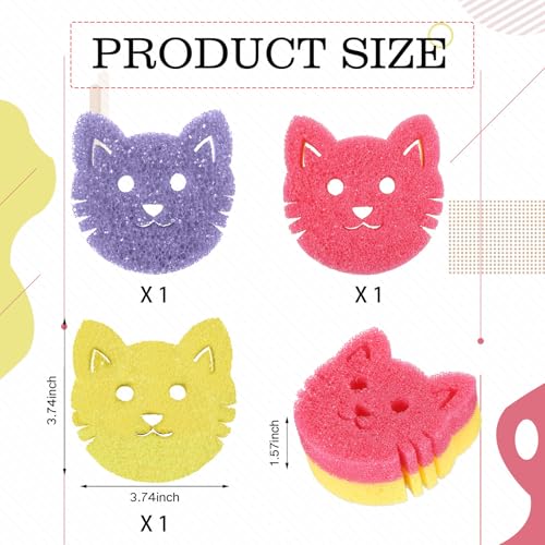 Image of FillTouch 3 Pcs Dual Sided Scrub Sponge Multi Functional Cute Temperature Sensitive Non Scratch Dish Sponge for Washing Dishes Kitchen Bathroom(Cat,Pink, Yellow, Purple)