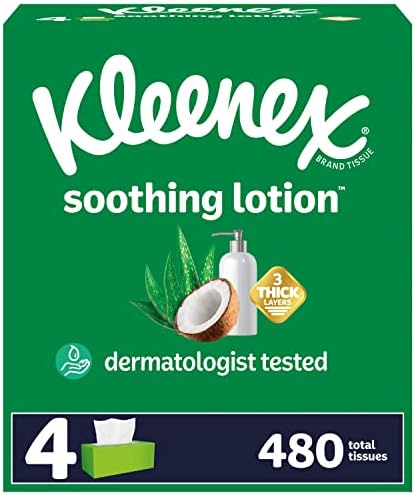 Kleenex Soothing Lotion Facial Tissues with Coconut Oil, 4 Flat Boxes, 120 Tissues per Box, 3-Ply (480 Total Tissues), Packaging May Vary