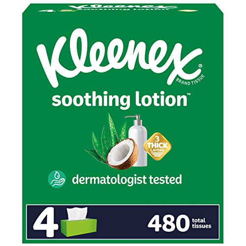 Kleenex Soothing Lotion Facial Tissues With Coconut Oil, 4 Flat Boxes, 120 Tissues Per Box, 3-Ply (480 Total Tissues), Packaging May Vary #TOP5
