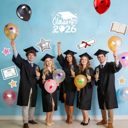 Image of 2x Class of 2026 Car Sticker & Graduation Hat Sticker Removable Graduate Decal Car Stick 8 inchx 7.1 inch Waterproof Vinyl Decals Arts & Crafts for Graduation Party Decorations (White)