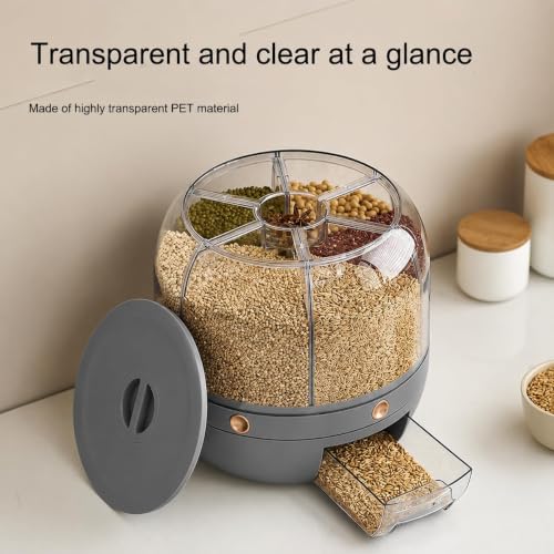 Image of proxin 6 Grid Rotating Rice Dispenser Container Airtight Multi Grain Storage Box Kitchen Food Storage Container for Rice Dal Pulses Cereal Dry Food Storage Organizer (Grey)