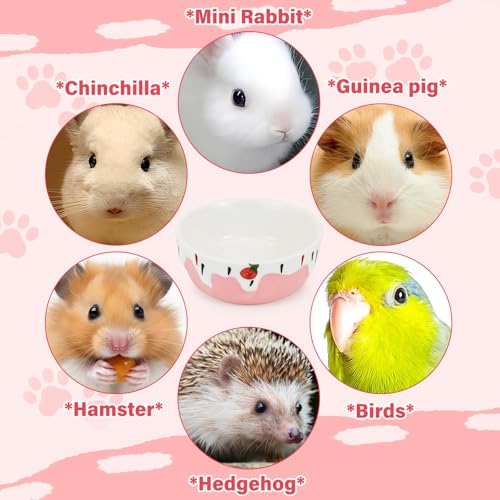 LuckyOpt Round Ceramic Hamster Bowl, Hamster Food Bowl with Cute Strawberry Pattern, Anti-Tipping Easy to Clean Hamsters Small Animal Food Water Bowls for Gerbils, Parrots, Guinea Pigs (Pink) - Image 3