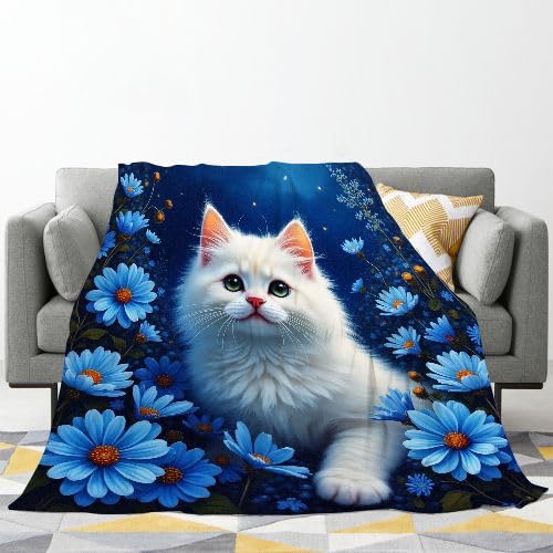 Manta Polar 220 x 240 Flores Azules y Gato, Mantas para Cama 105 de Franela Cálida y Cómoda para Niños y Adultos, Mantitas para Sofá Reversible para Cubre Sofa Colchas, Fácil de cuidar