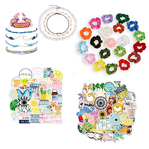 Vsco Girl Stuff Set,178pcs Vsco Girl Stuff Set Includes Cute Water Bottle Stickers Velvet Hair Bands Scrunchies Puka Shell Choker and Necklace Sets and Friendship Bracelets for Girls Women