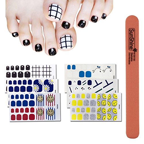 WOKOTO 6Pcs Toe Nail Polish Wraps With Adhesive And 1Pc Nail Buffer Files Set Fashionable Smile Face Solid Pattern Fake Nails Design Toe Nail Decals Stickers Kit