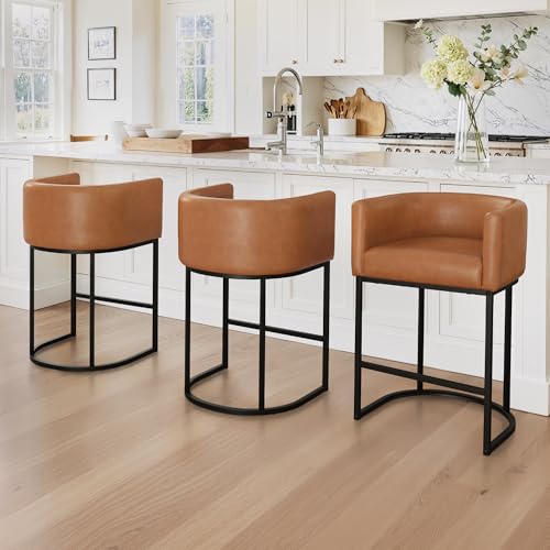 Image of LUE BONA Counter Height Bar Stools Set of 3, Modern Barrel Counter Stools with Backrest and Arms, Black Metal Frames, Faux Leather Upholstered Accent Barstools for Kitchen Island, Yellowish Brown