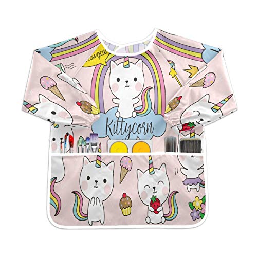 かわいいレインボーユニコーンキティ幼児用キッズスモック子供用防水エプロンアートペインティングスモックよだれかけ3ポケット付き