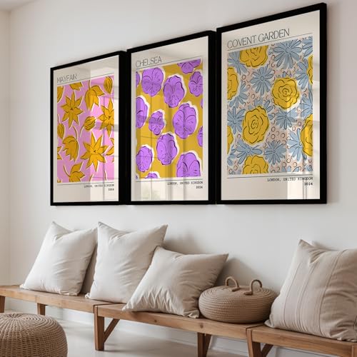 Image of NoWorries Trendy Abstract Floral Art Wall Frames | Modern Botanical Prints Inspired by London Paintings 300 GSM Premium Prints | Synthetic Wooden Stylish Frame Wall Decor for Bedroom, Living Room, Cafe & Office (Set of-3) (BLACK, ART-8, 13X19INCHES)