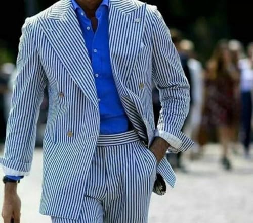 Men's Striped Seersucker Suits Casual 2 Pieces Double Breasted Tuxedos Summer Beach Wedding Blazer Pants for Groom3