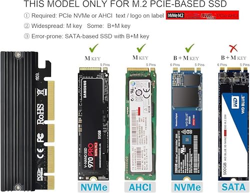 Image of PCI Express 3.0 4X 8X 16x to M.2 NVMe and AHCI SSD Adapter Card with Heat Sink, Bracket-Free and Compatible with Samsung 960 970 EVO PRO WD Black and More